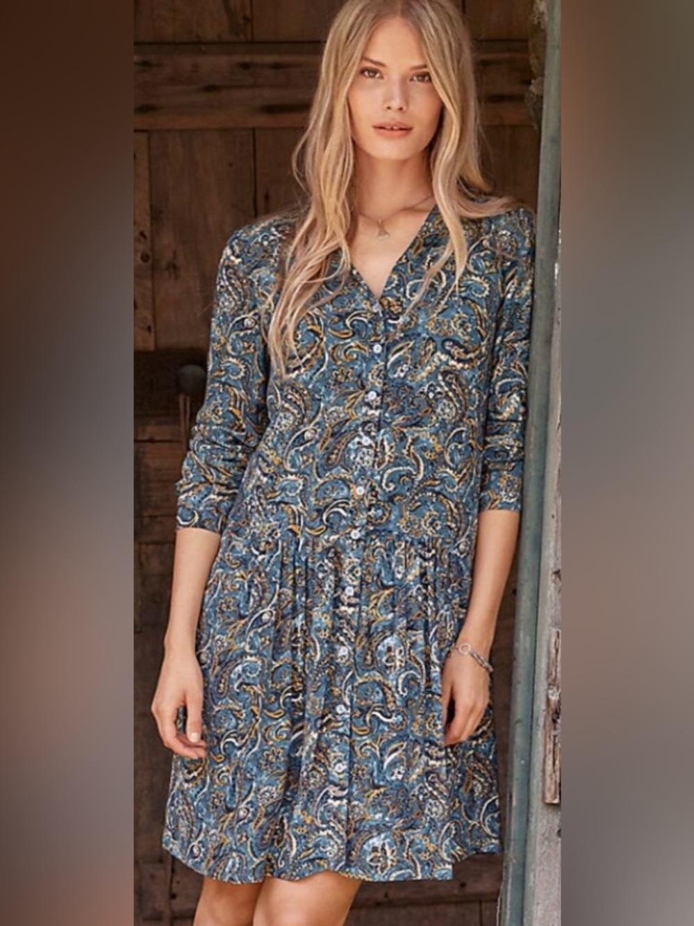 Garnet Hill Blue Paisley Button-Front Dress | 6 | 100% Viscose | Lined | Pockets